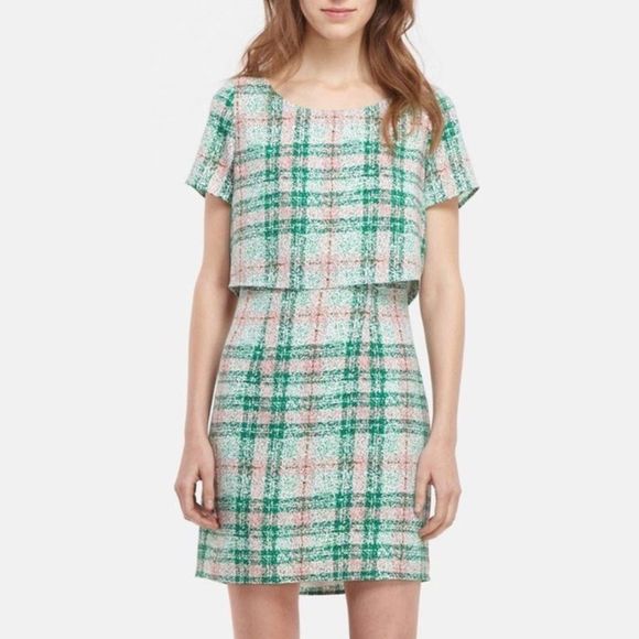 cooper & ella Dresses & Skirts - Cooper & Ella Pink Green Plaid Print Back Cutout Short Sleeve Dress size Small